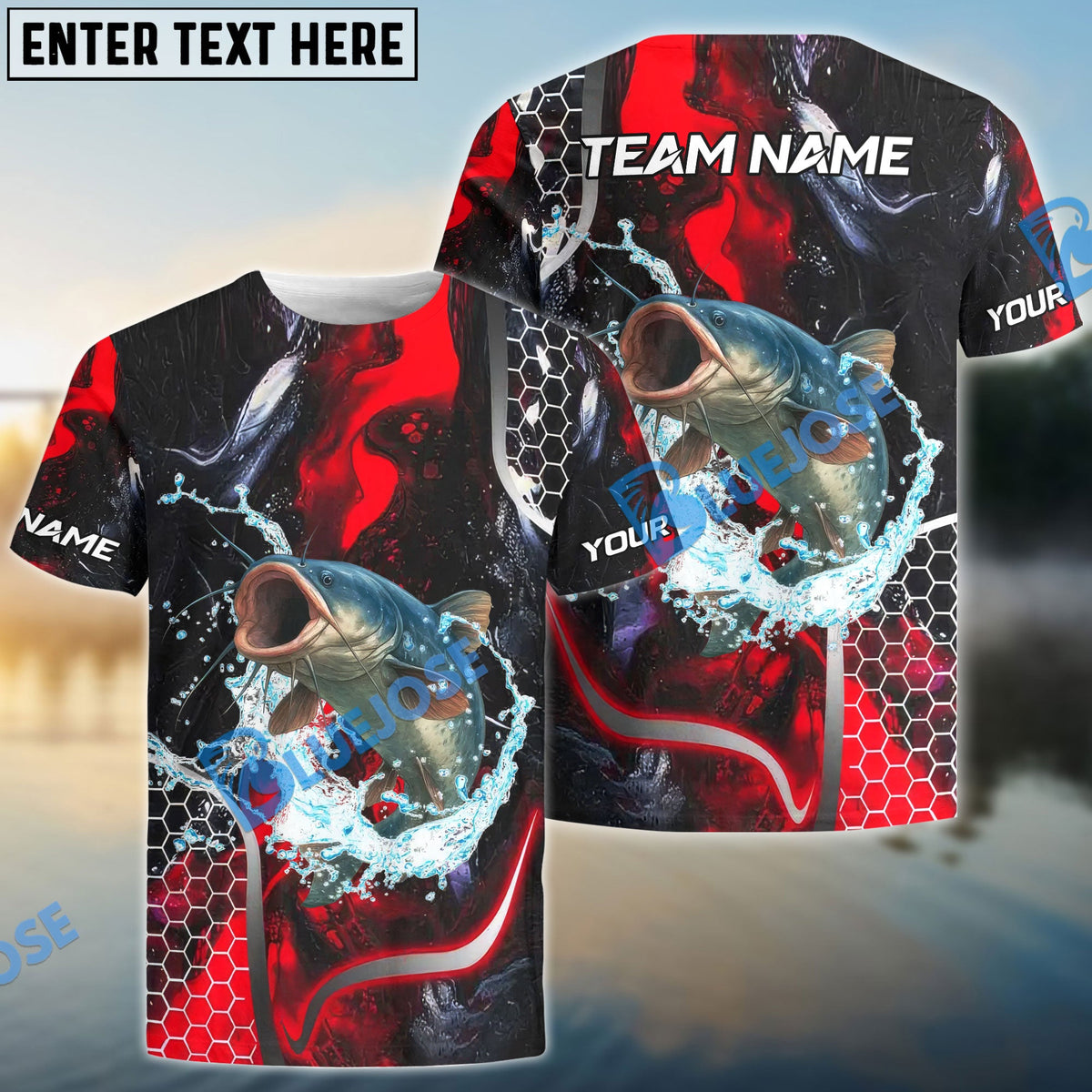 BlueJose Catfish Fishing Red Thunder Custom Name & Team Name 3D Shirts