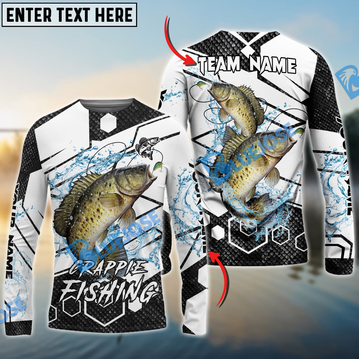 BlueJose Crappie Fishing White Gray Black Hexagon Sport Custom Name & Team Name 3D Shirts