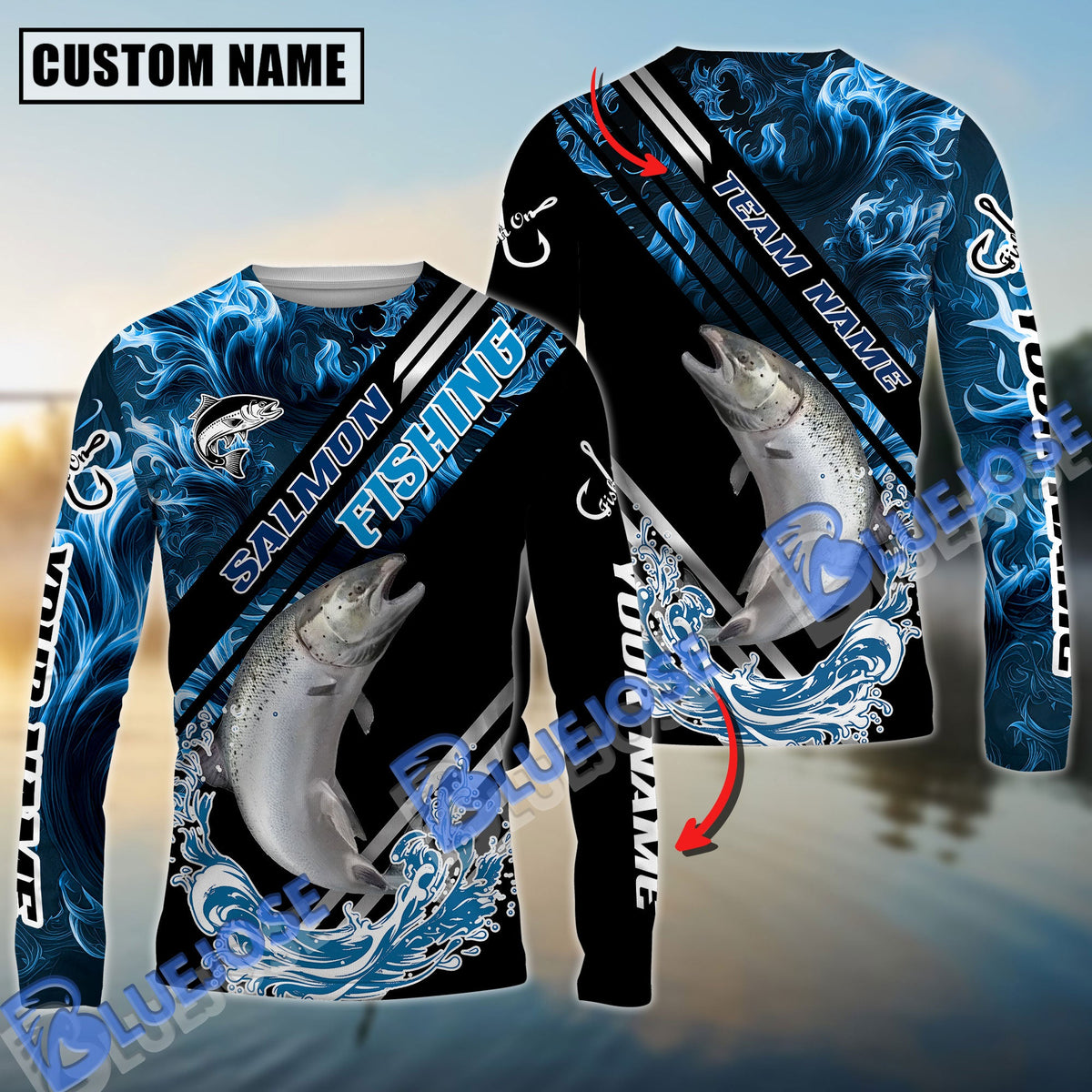 BlueJose Salmon Fishing Blue Smoke Water Pattern Custom Name & Team Name 3D Shirts
