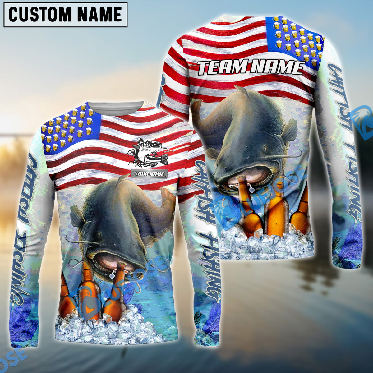 BlueJose Catfish Fishing American Flag Beer Custom Name & Team Name 3D Shirts