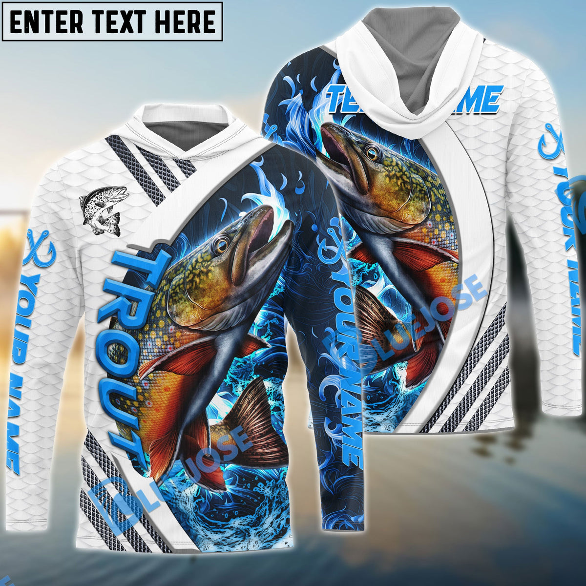 BlueJose Trout Fishing White Blue Lava Sport Custom Name & Team Name 3D Shirts