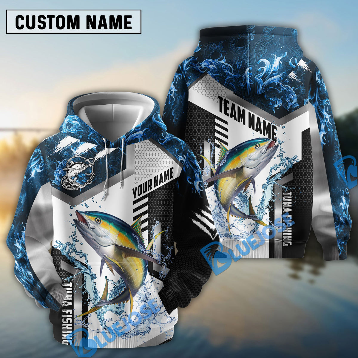 BlueJose Tuna Fishing Blue Flame Sport Custom Name & Team Name Shirts