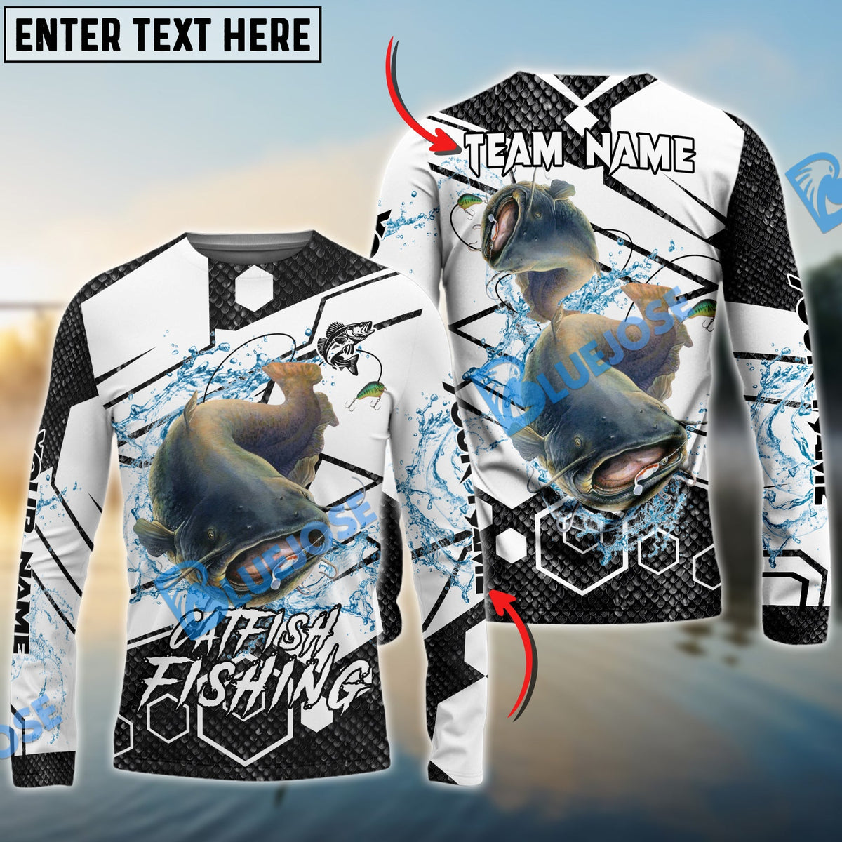 BlueJose Catfish Fishing White Gray Black Hexagon Sport Custom Name & Team Name 3D Shirts