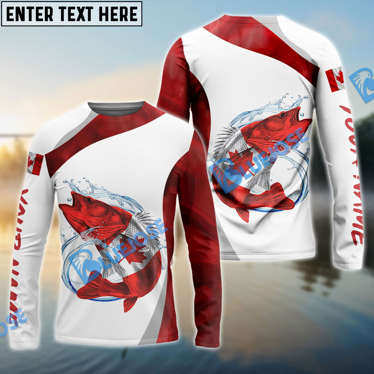 BlueJose Walleye Fishing Canada Flag Patriotic Fishing Jerseys, Personalized Walleye Fishing Long Sleeve Shirts