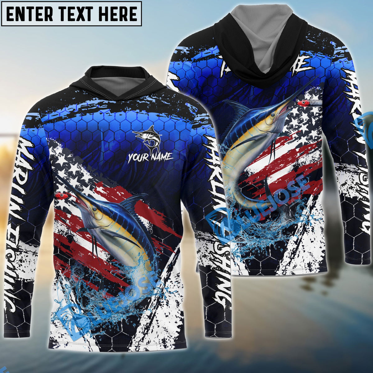 BlueJose Marlin Fishing Dark Blue Scratch American Flag scratch Sport Custom Name & Team Name 3D Shirts