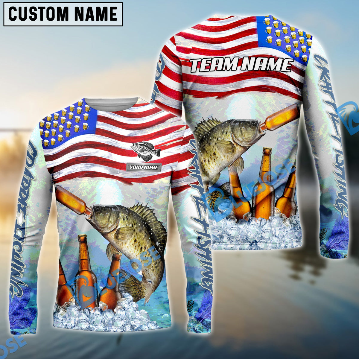 BlueJose Crappie Fishing American Flag Beer Custom Name & Team Name 3D Shirts