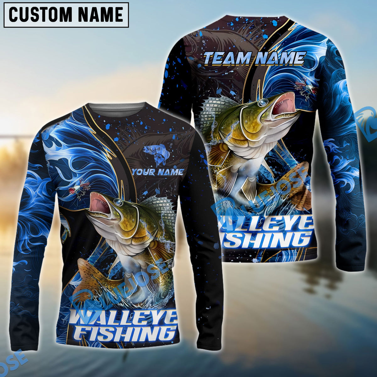 BlueJose Walleye Fishing Blue Flame Smoke Line Premium Style Sport Custom Name & Team Name 3D Shirts