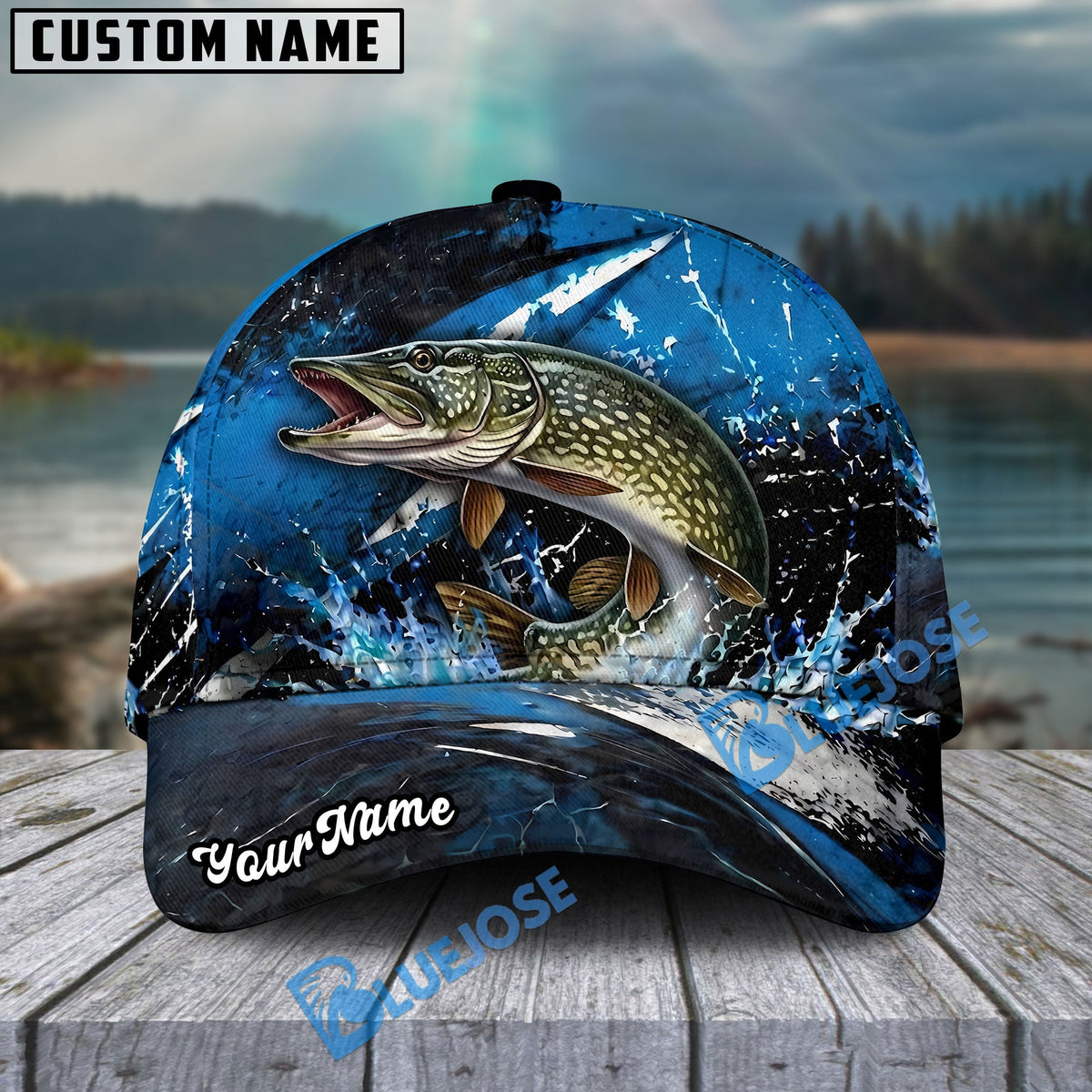 BlueJose Fishing Blue Lightning Water Splash Personalized Name Classic 3D Cap Personalized Cap (13 Breeds)