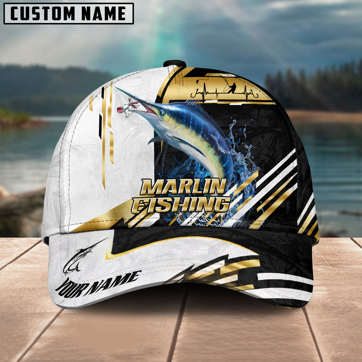 BlueJose Fishing Hook Graphic & Jumping Fish Art Personalized Cap (Tuna, Marlin, Mahi-Mahi, Pike, Bass, Walleye, Trout, Crappie)