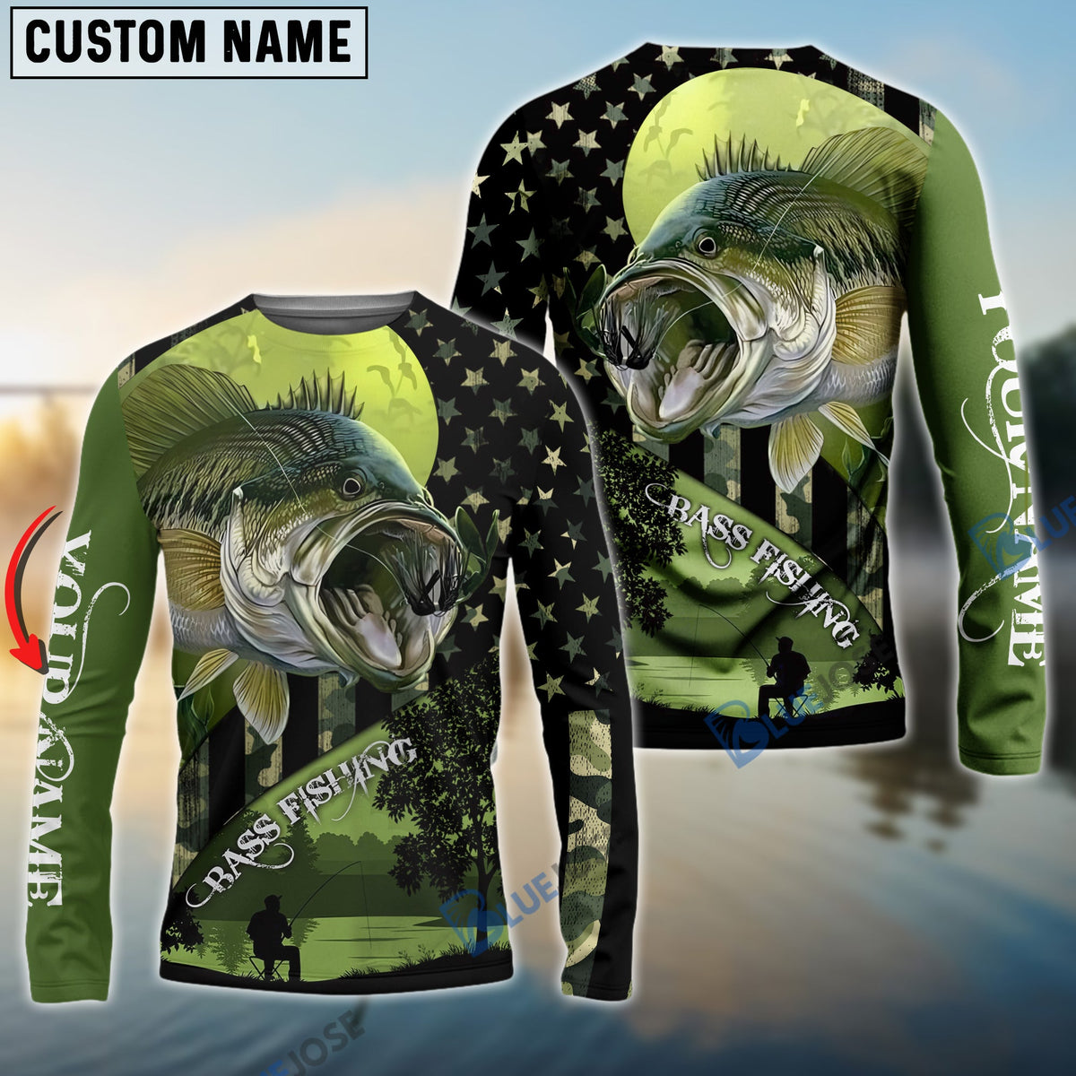 BlueJose Largemouth Bass Fishing American Flag Customize Name 3D Shirts