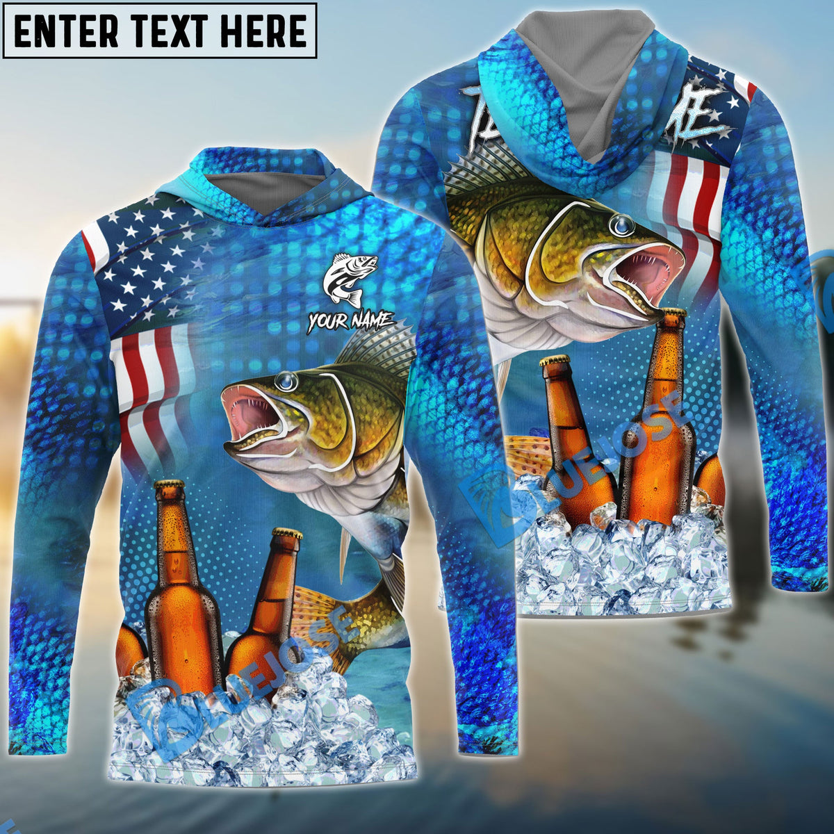 BlueJose Walleye Fishing Beer USA Flag Custom Name & Team Name Shirts