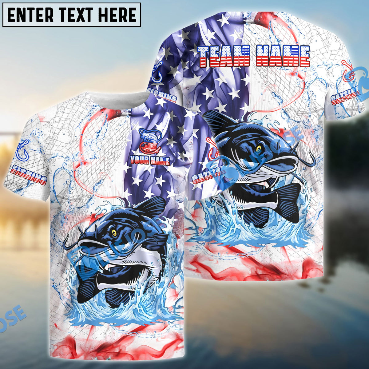 BlueJose Catfish Fishing US Flag Pattern Design Name & Team Name 3D Shirts