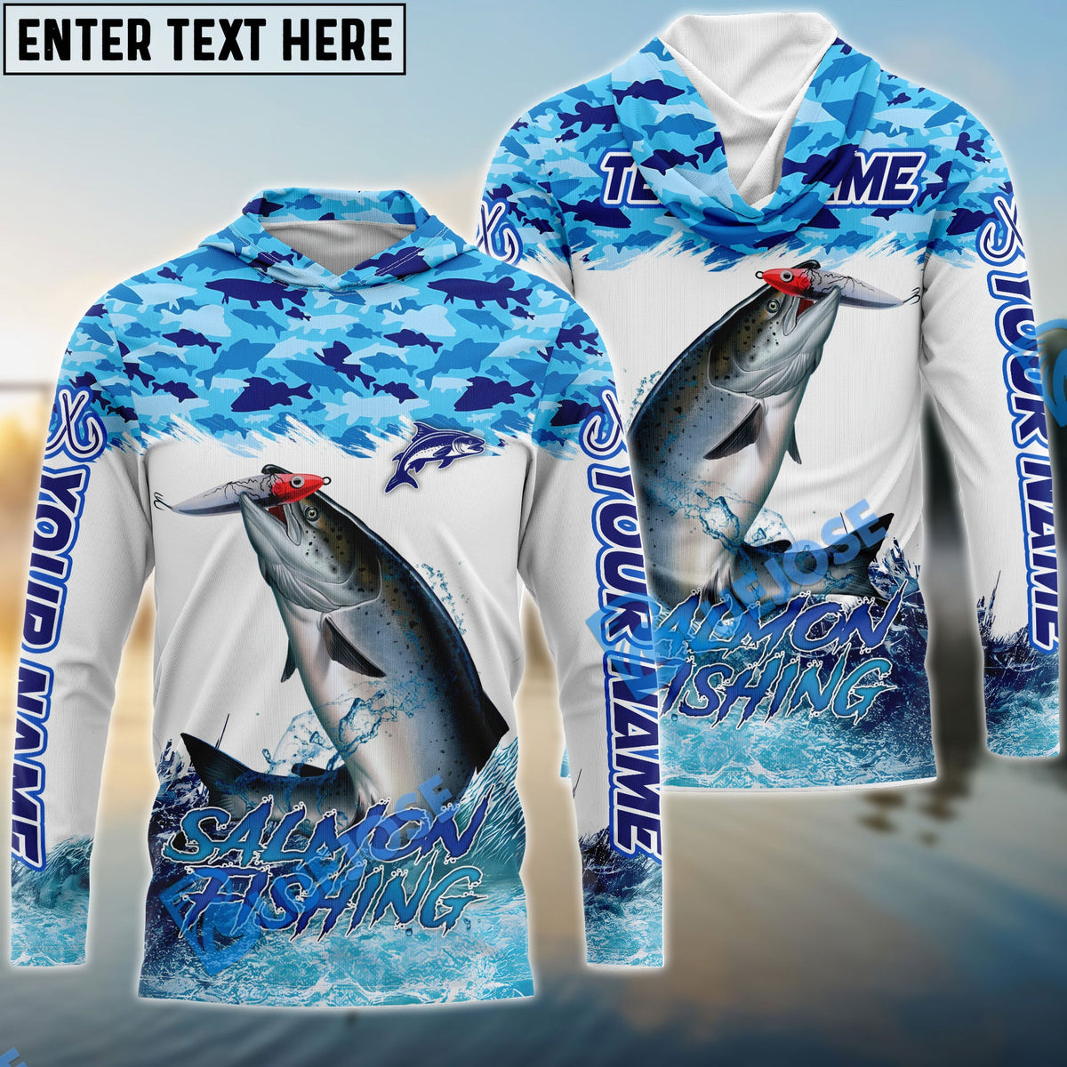BlueJose Salmon Fishing Blue Water Camo Custom Name & Team Name 3D Shirts