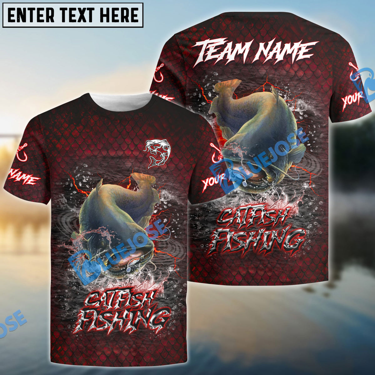 BlueJose Catfish Fishing Red Dragon Scale Lightning Custom Name & Team Name 3D Shirts