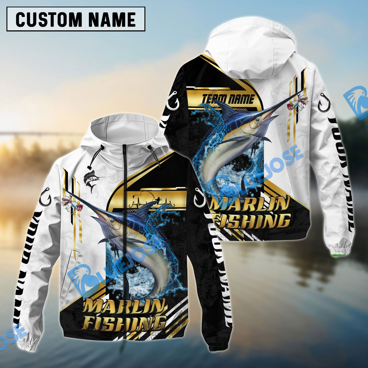BlueJose Marlin Fishing Hook Graphic & Jumping Fish Art Custom Name & Team Name 3D Shirts
