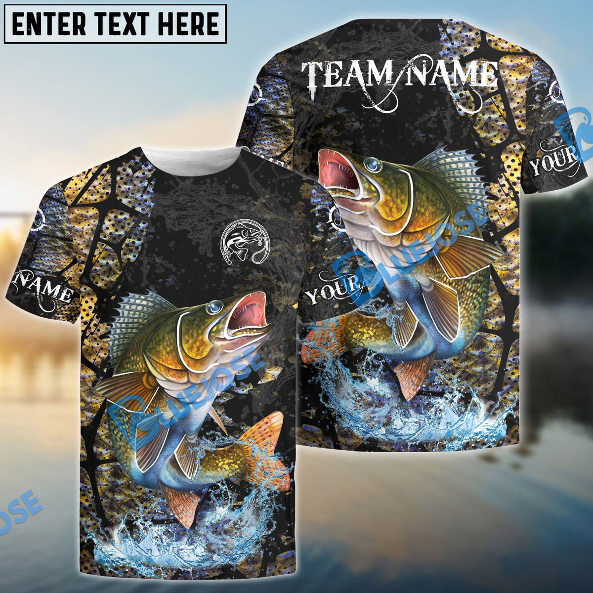 BlueJose Walleye Fishing Dark Water Art Style Custom Name & Team Name 3D Shirts