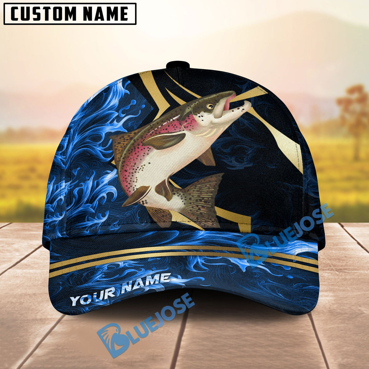 BlueJose Fishing Blue Ocean Wave & Gold Geometric Personalized Cap (12 Breeds)