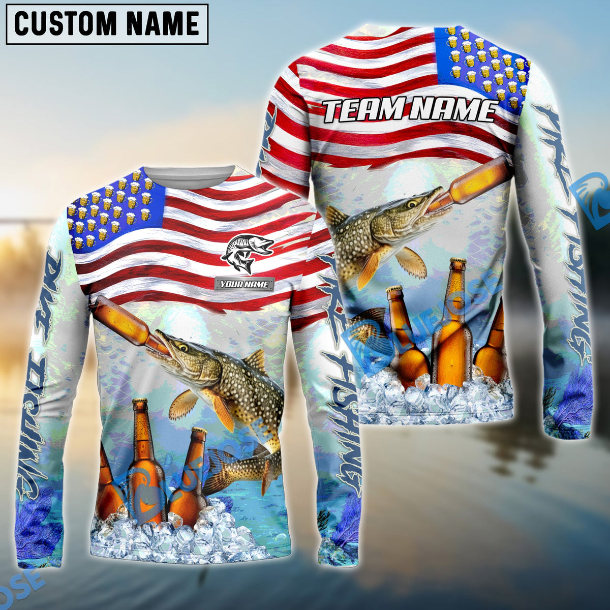 BlueJose Pike Fishing American Flag Beer Custom Name & Team Name 3D Shirts