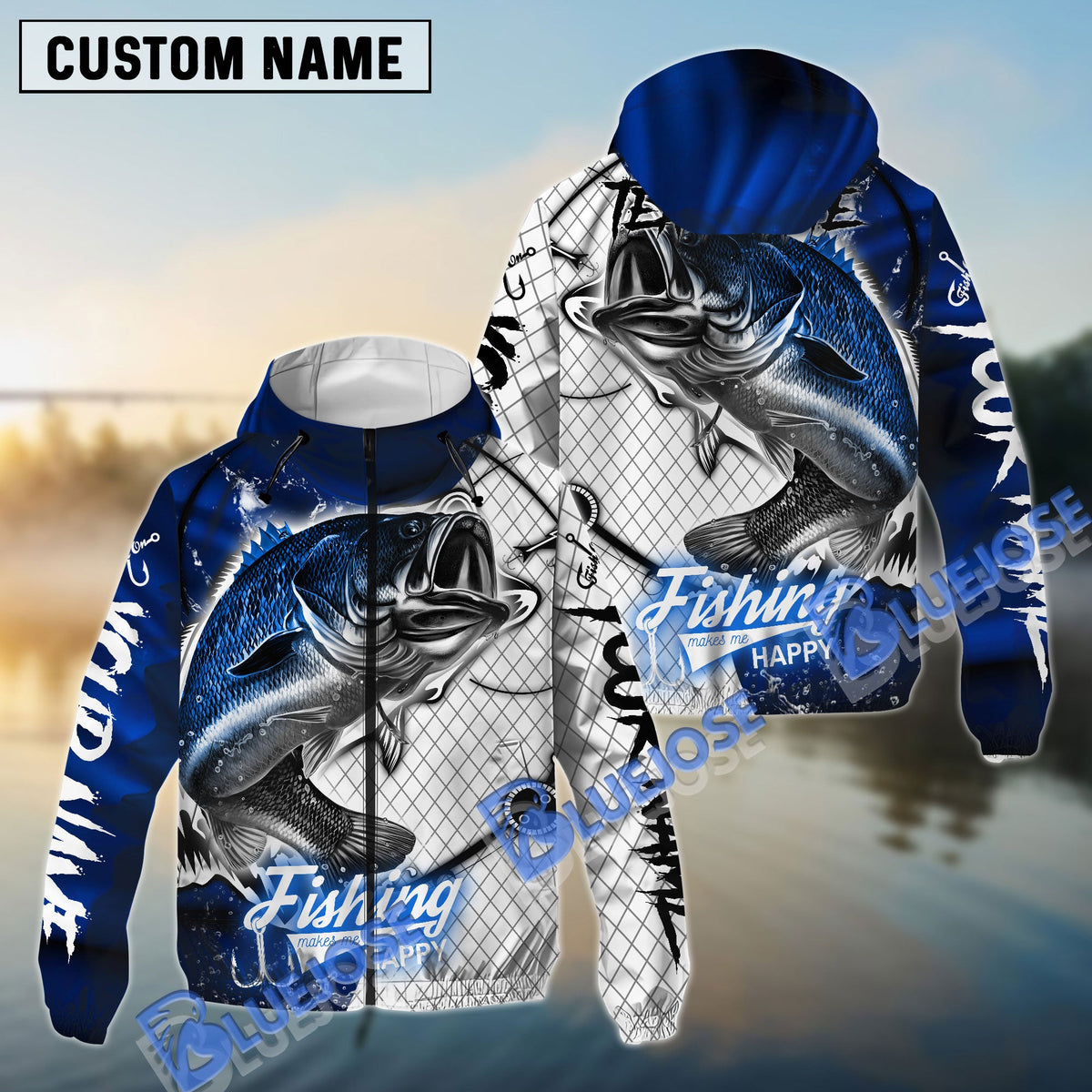 BlueJose Bass Fishing Dark Blue Skin Sport Custom Name Windbreaker Jacket
