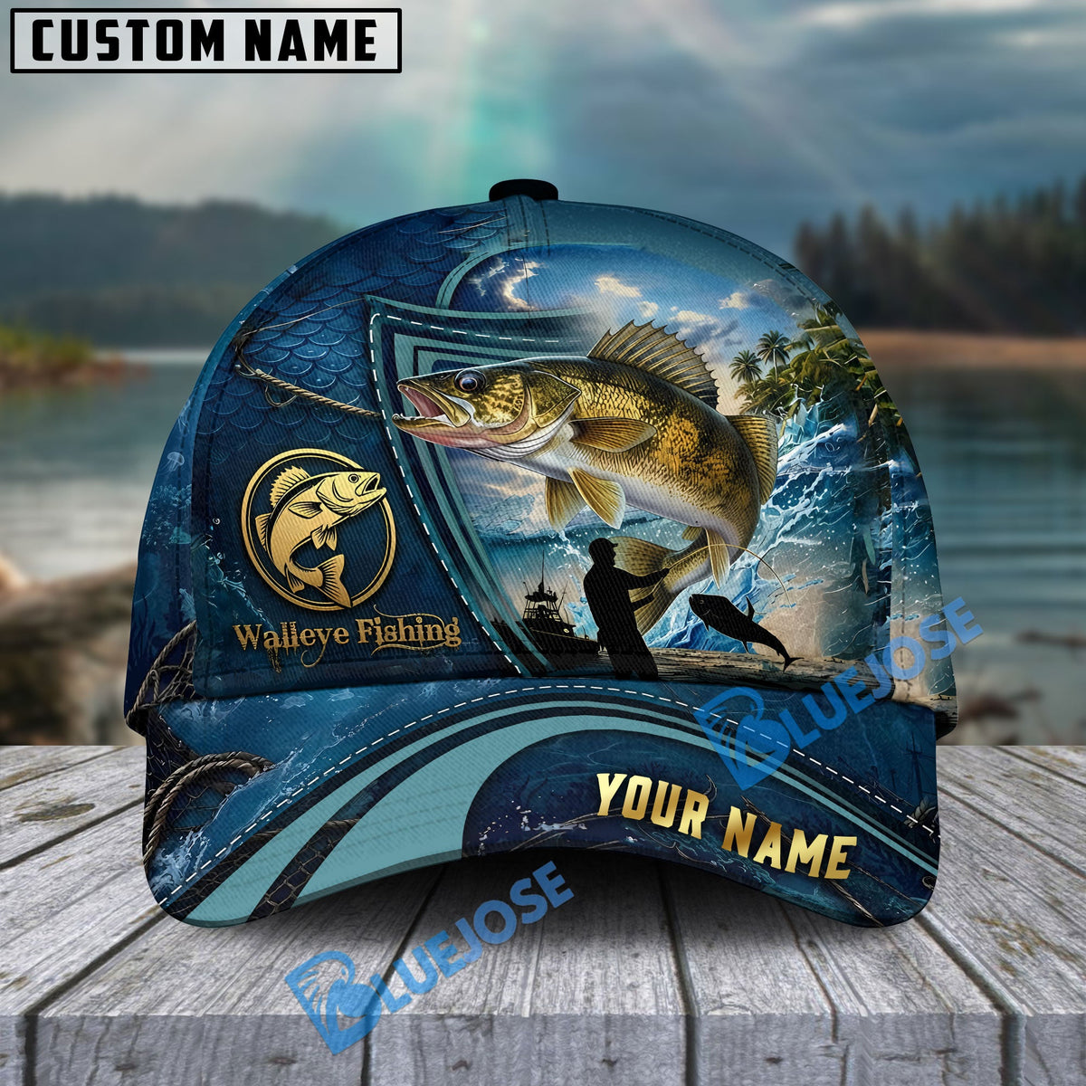 BlueJose Fishing Deep Blue Ocean Patch Personalized Name Classic 3D Cap Personalized Cap (13 Breeds)
