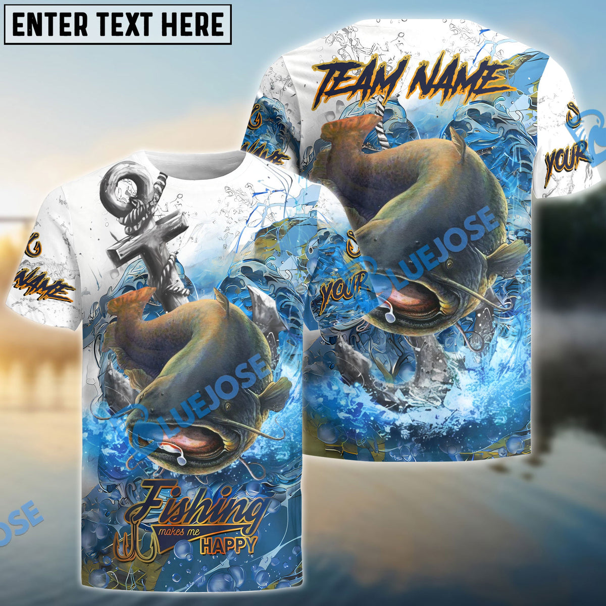 BlueJose Catfish Fishing Anchor Ocean Splash Design Name & Team Name 3D Shirts