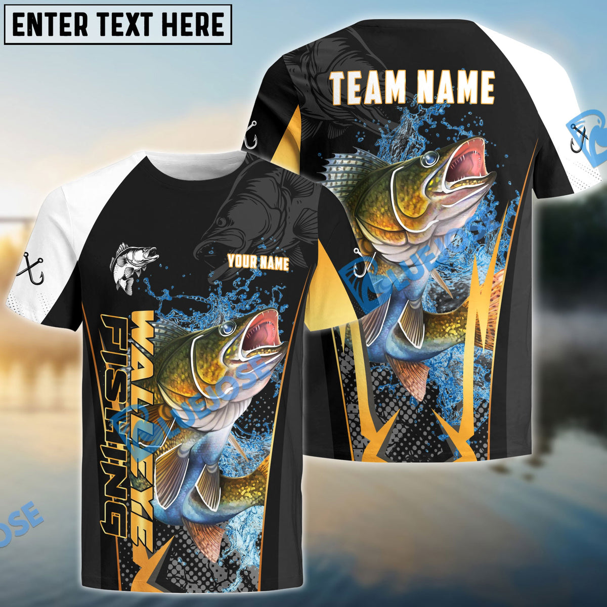 BlueJose Walleye Fishing Black Gold Design Pattern Custom Name & Team Name 3D Shirts