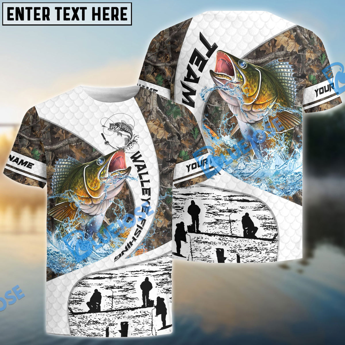 BlueJose Walleye Fishing Camo Forest Scene Custom Name & Team Name 3D Shirts