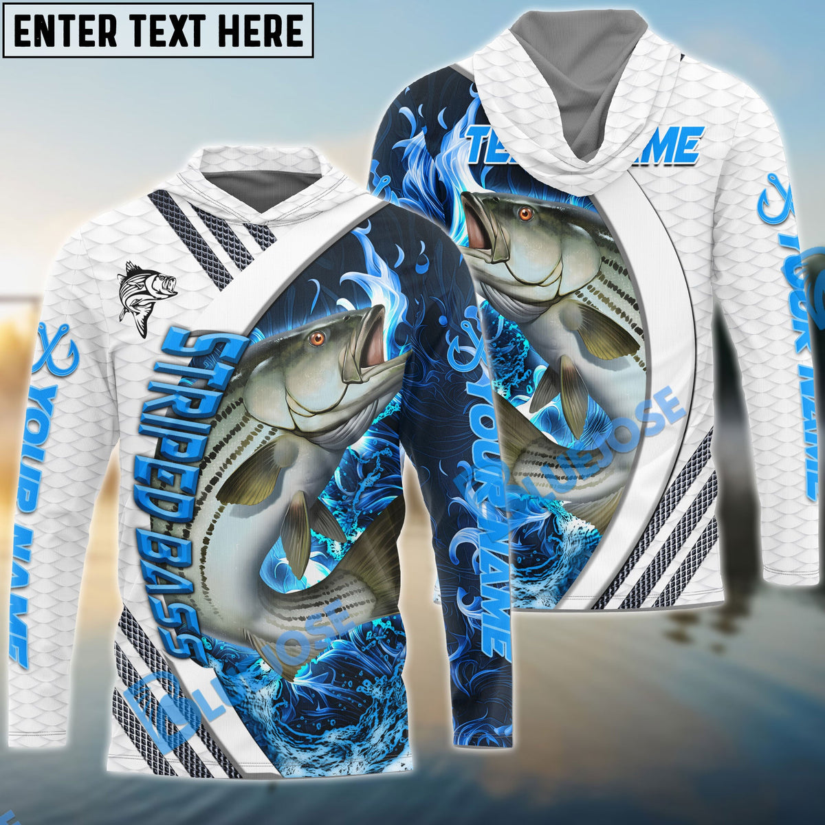 BlueJose Striped Bass Fishing White Blue Lava Sport Custom Name & Team Name 3D Shirts