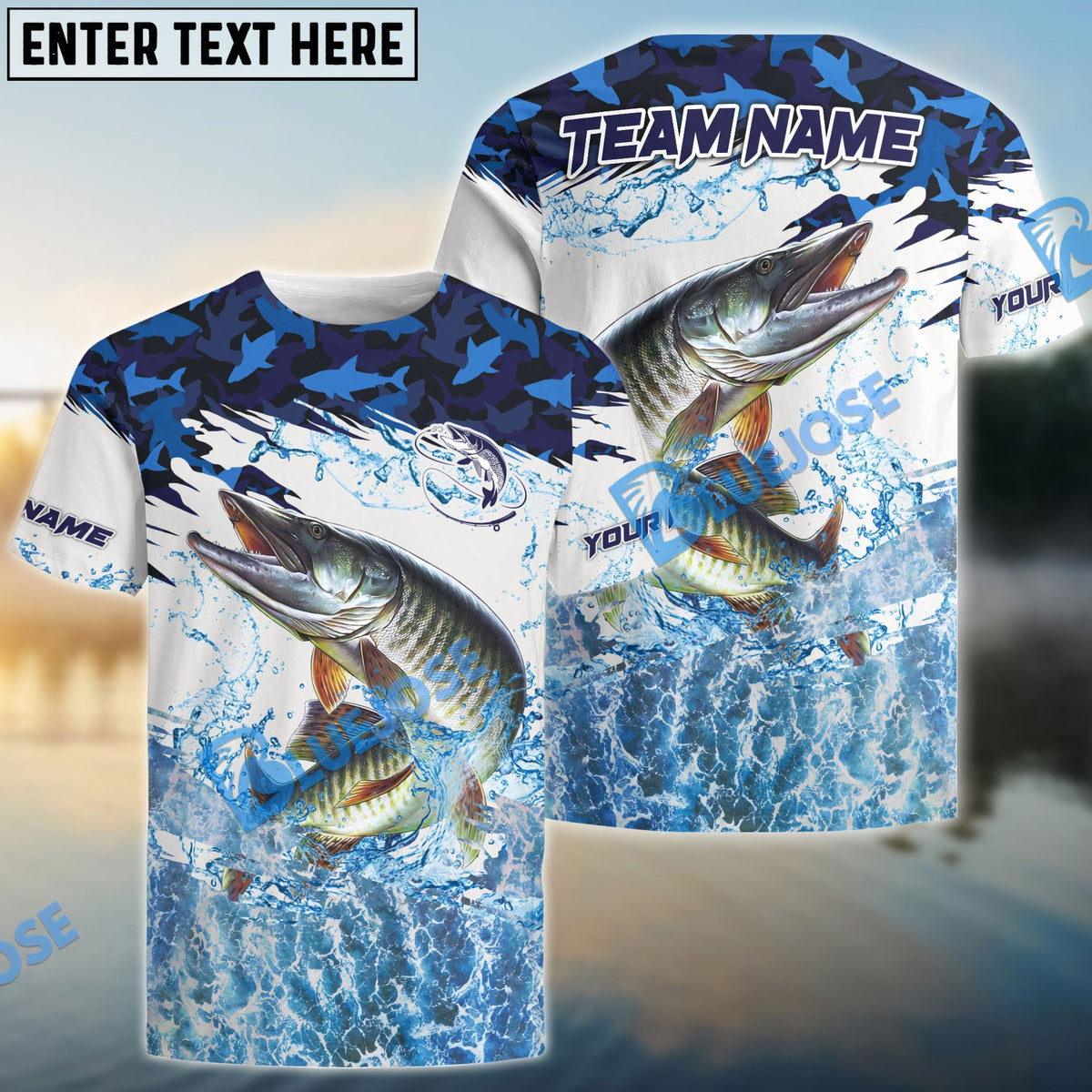 BlueJose Musky Fishing Blue Camo Clear Water Custom Name & Team Name 3D Shirts
