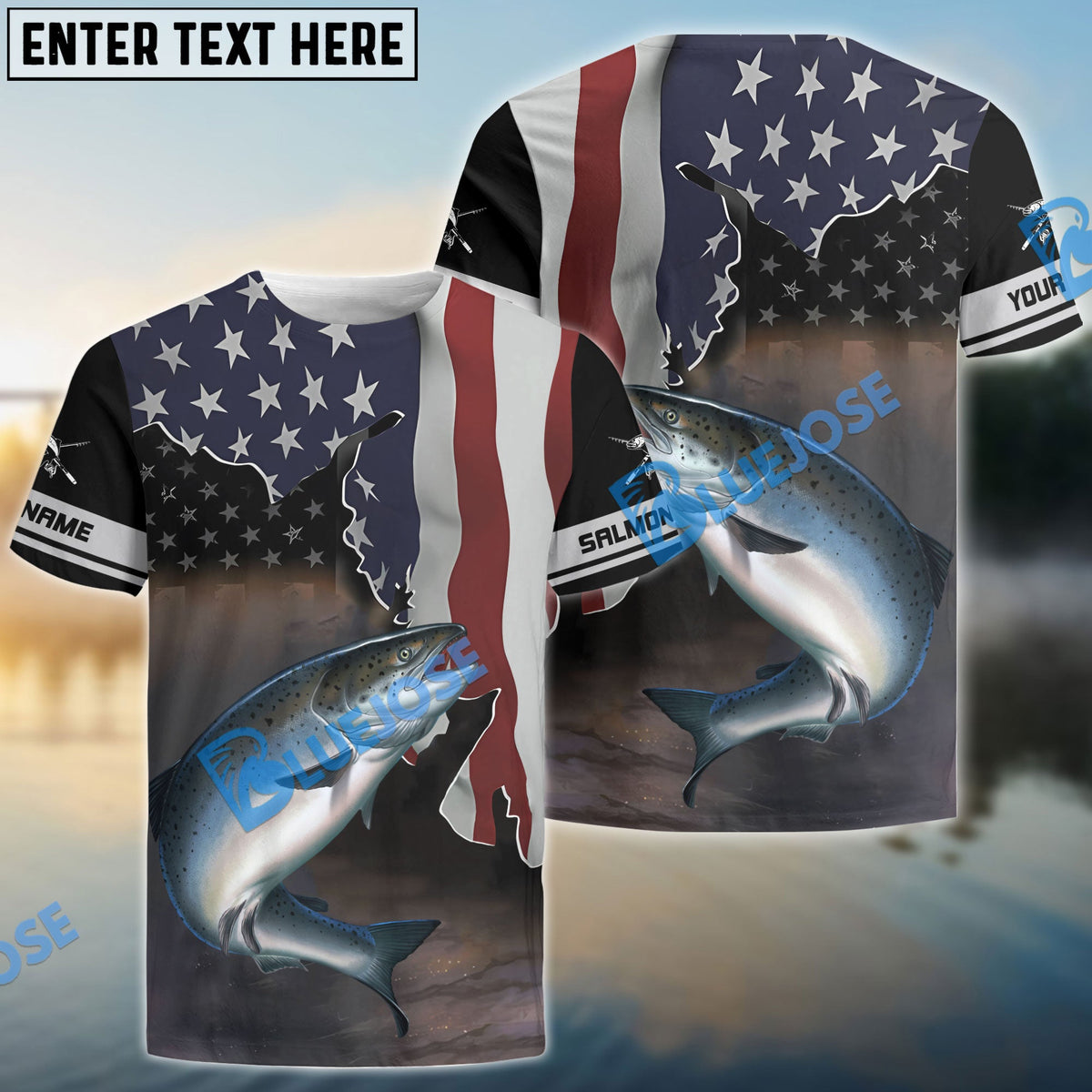 BlueJose Salmon Fishing American Flag Fishing Long Sleeves
