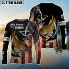 BlueJose Flathead Catfish Fishing Fish Hook American Flag Custom Name 3D Shirts