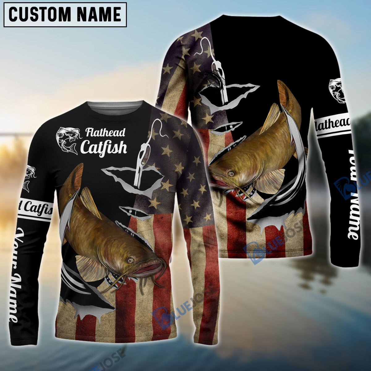BlueJose Flathead Catfish Fishing Fish Hook American Flag Custom Name 3D Shirts