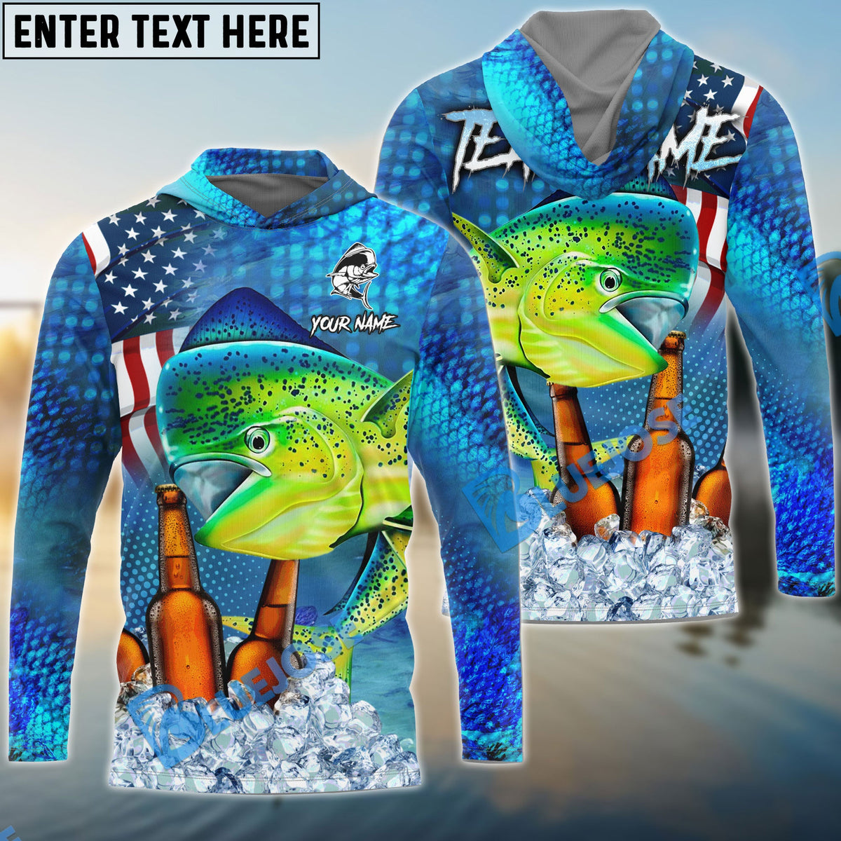 BlueJose Mahimahi Fishing Beer USA Flag Custom Name & Team Name Shirts