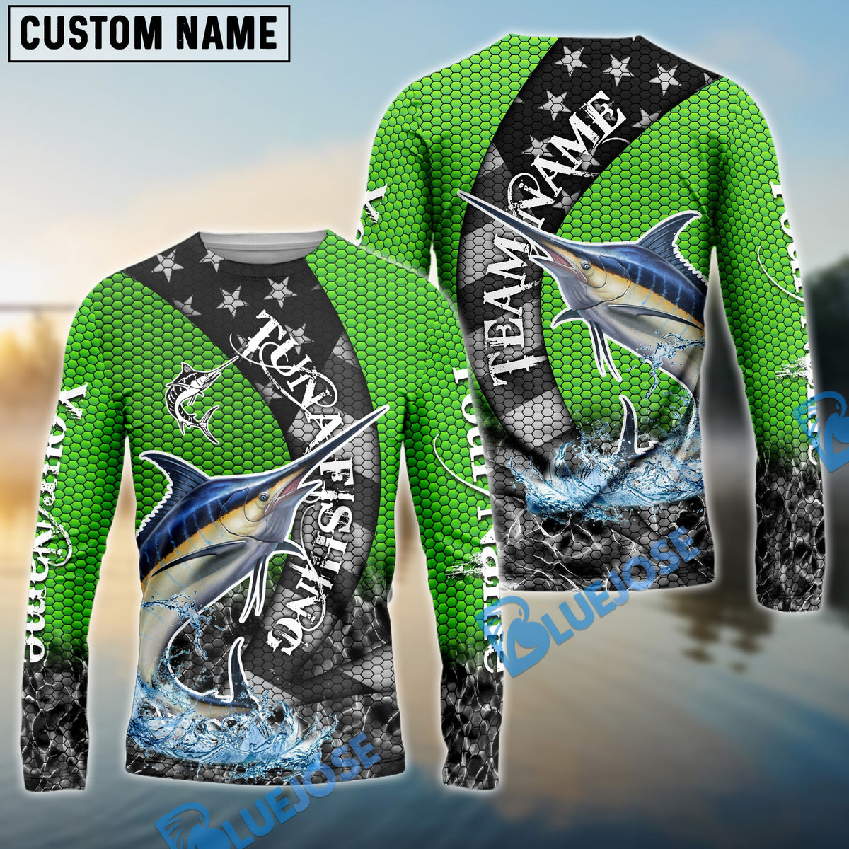 BlueJose Marlin Fishing American Flag Green Stars Custom Name & Team Name 3D Shirts