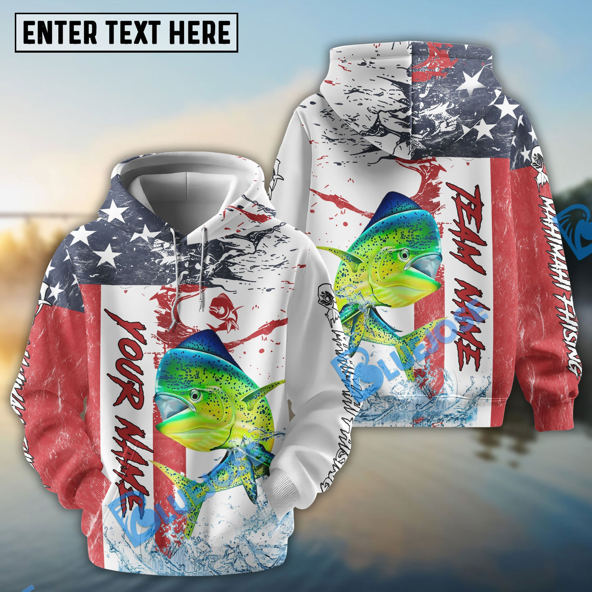 BlueJose Mahi mahi Fishing American Flag Red Blue Seawave Custom Name & Team Name 3D Shirts