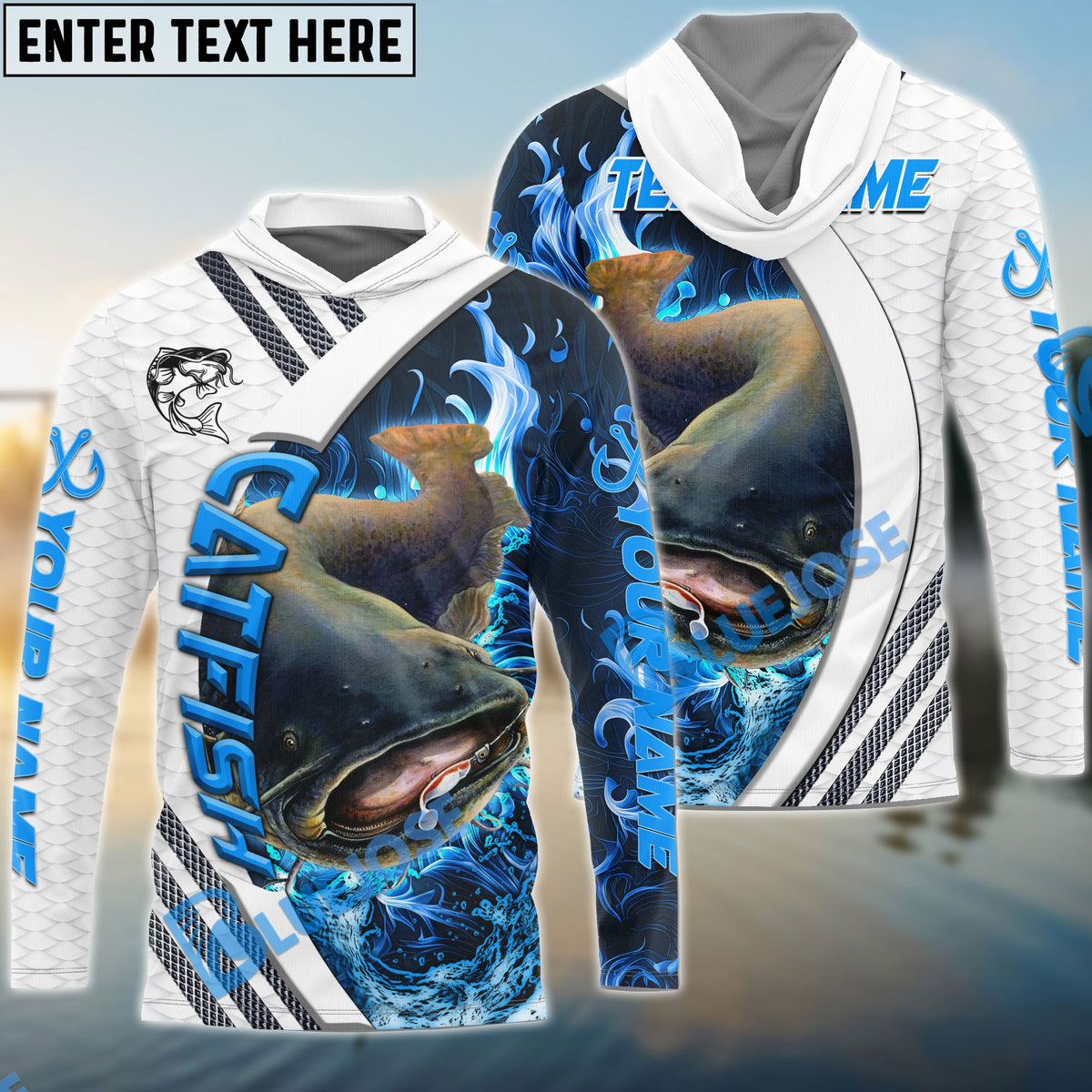 BlueJose Catfish Fishing White Blue Lava Sport Custom Name & Team Name 3D Shirts