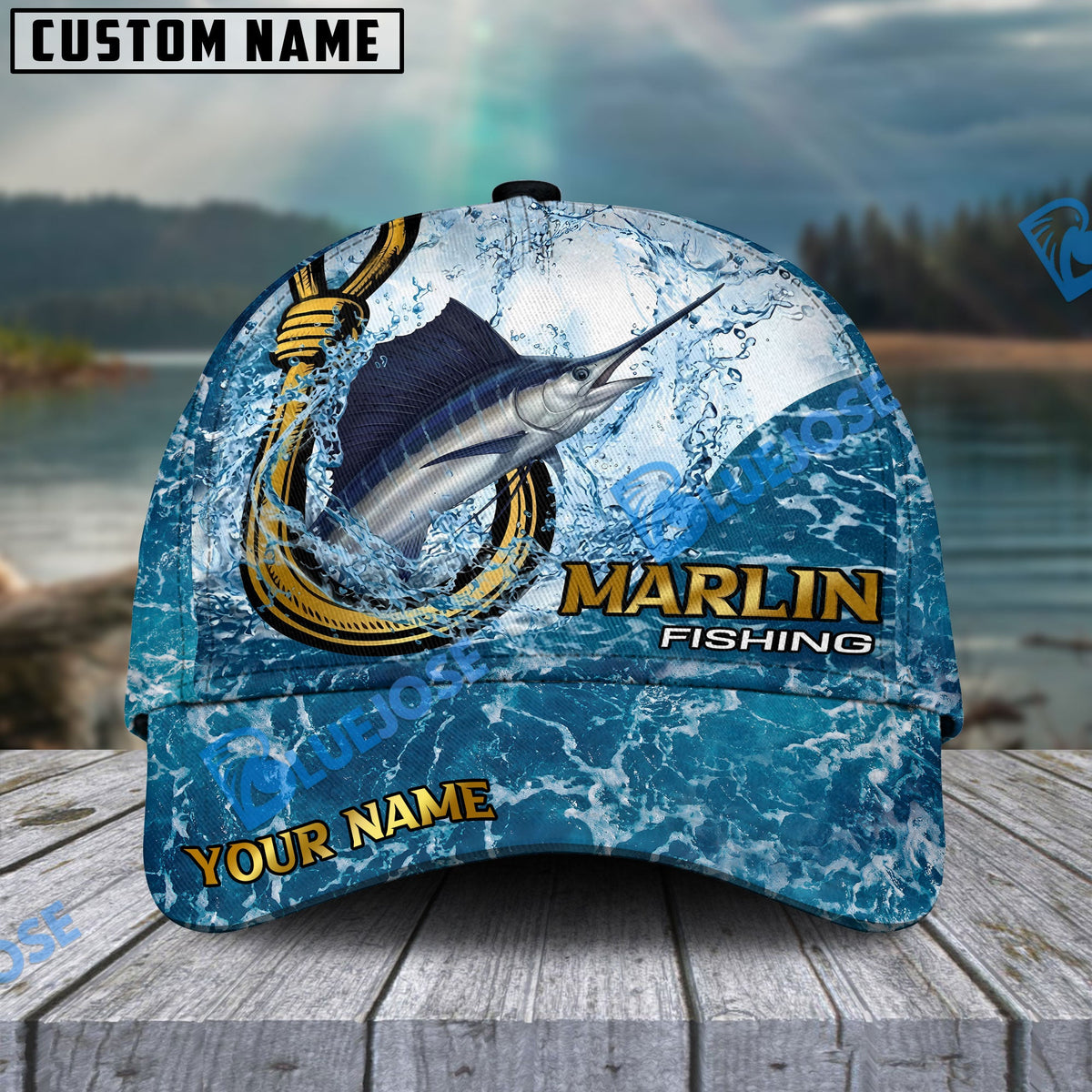 BlueJose Fishing Ocean Blue Personalized Cap (13 Breeds)