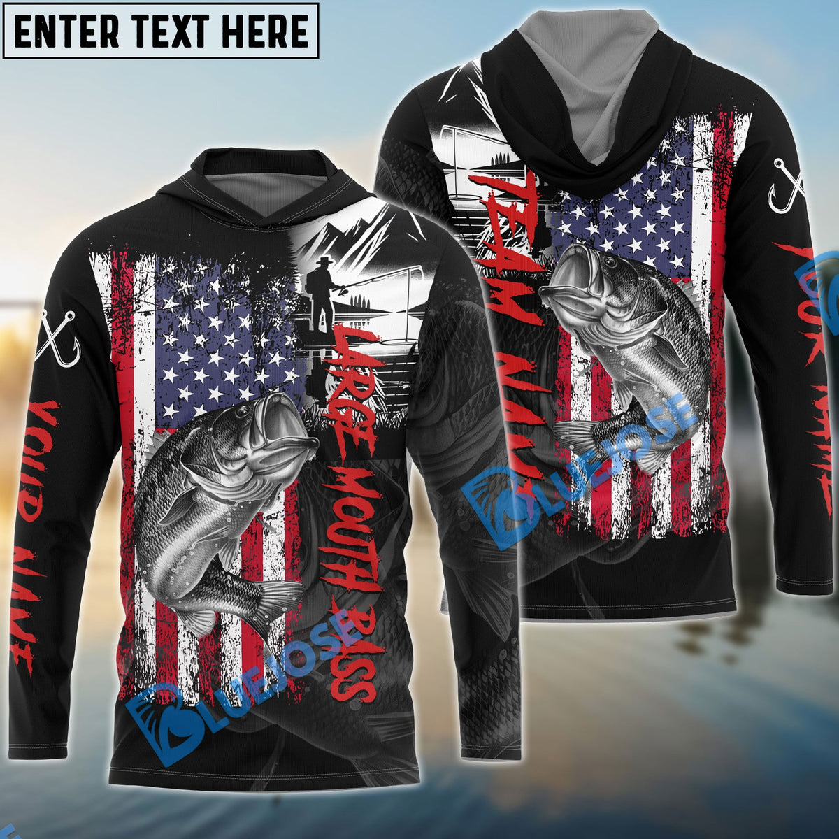 BlueJose Large Mouth Bass Fishing  Black US Flag Sport Custom Name & Team Name 3D Shirts