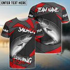 BlueJose Salmon Fishing Red Gray Spinning Pattern Custom Name & Team Name 3D Shirts
