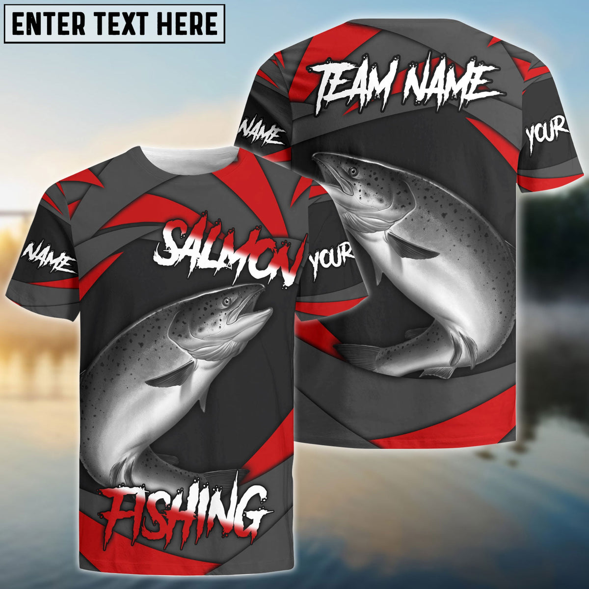 BlueJose Salmon Fishing Red Gray Spinning Pattern Custom Name & Team Name 3D Shirts