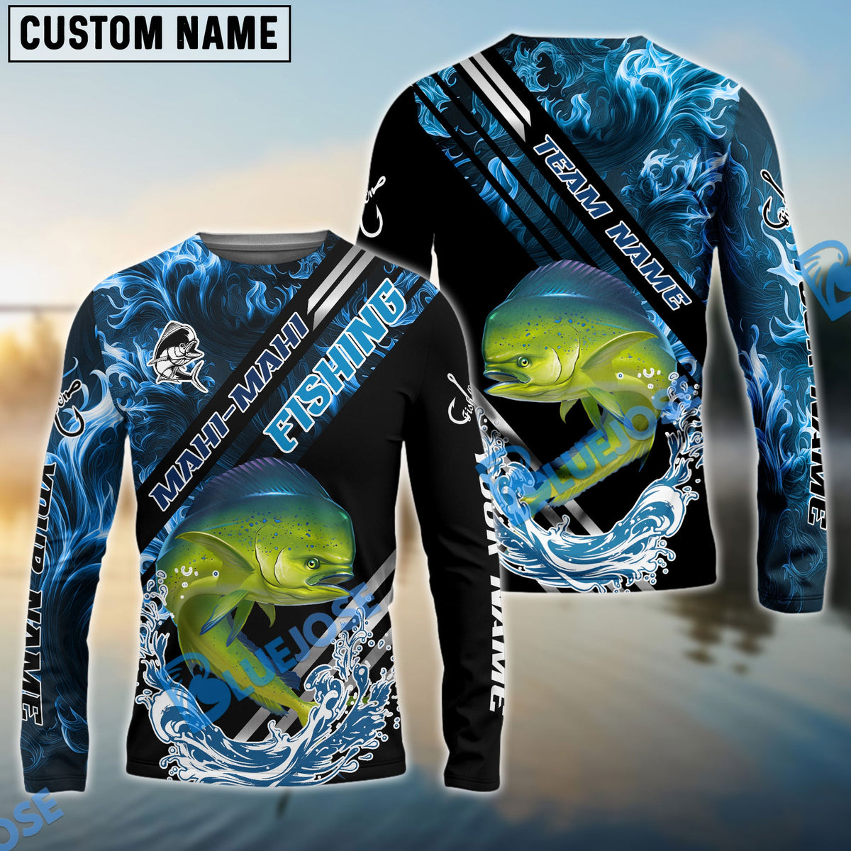 BlueJose Mahi Mahi Fishing Blue Smoke Water Pattern Custom Name & Team Name 3D Shirts