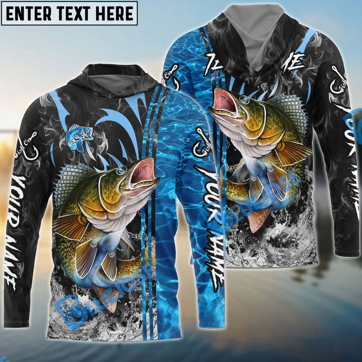 BlueJose Walleye Fishing Sparkling Water Smoke Pattern Design Custom Name & Team Name 3D Shirts