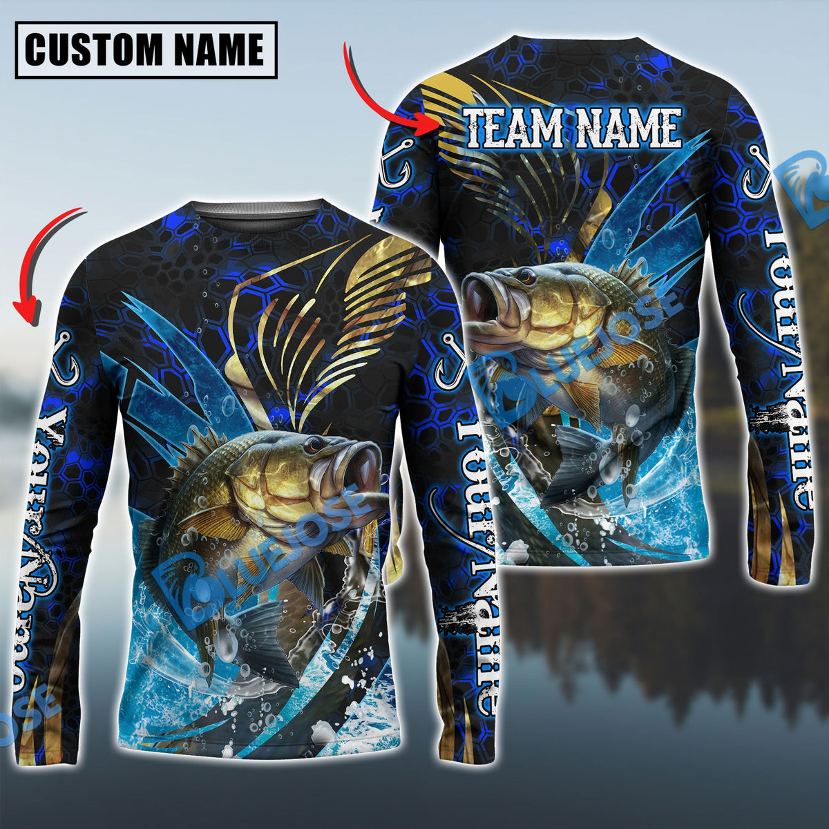 BlueJose Bass Fishing Tailored Tides Pattern Custom Name & Team Name Shirts