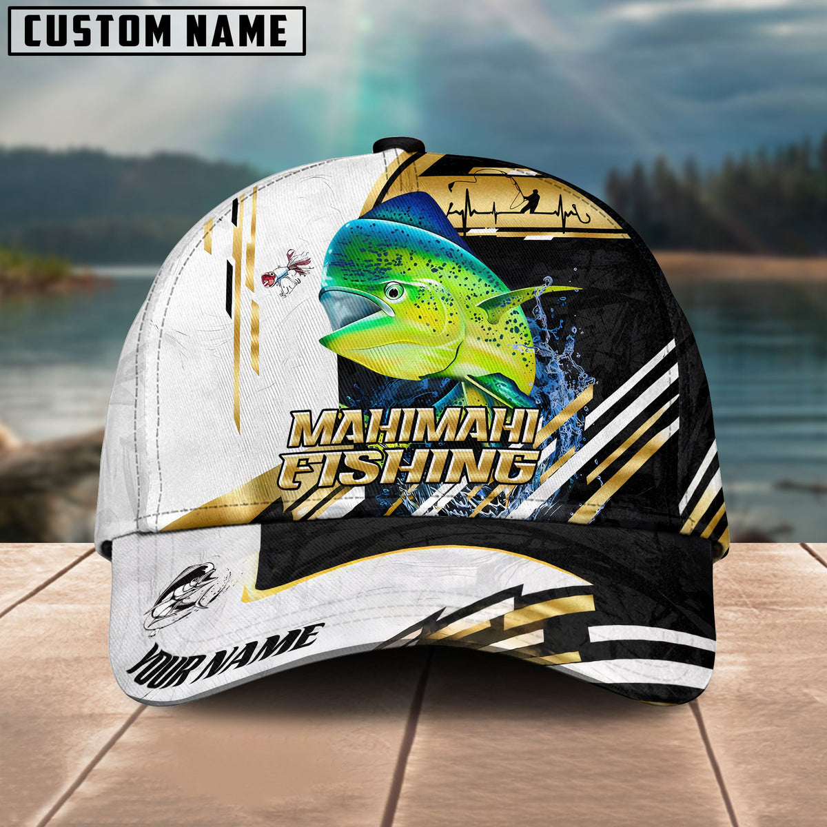BlueJose Fishing Hook Graphic & Jumping Fish Art Personalized Cap (Tuna, Marlin, Mahi-Mahi, Pike, Bass, Walleye, Trout, Crappie)