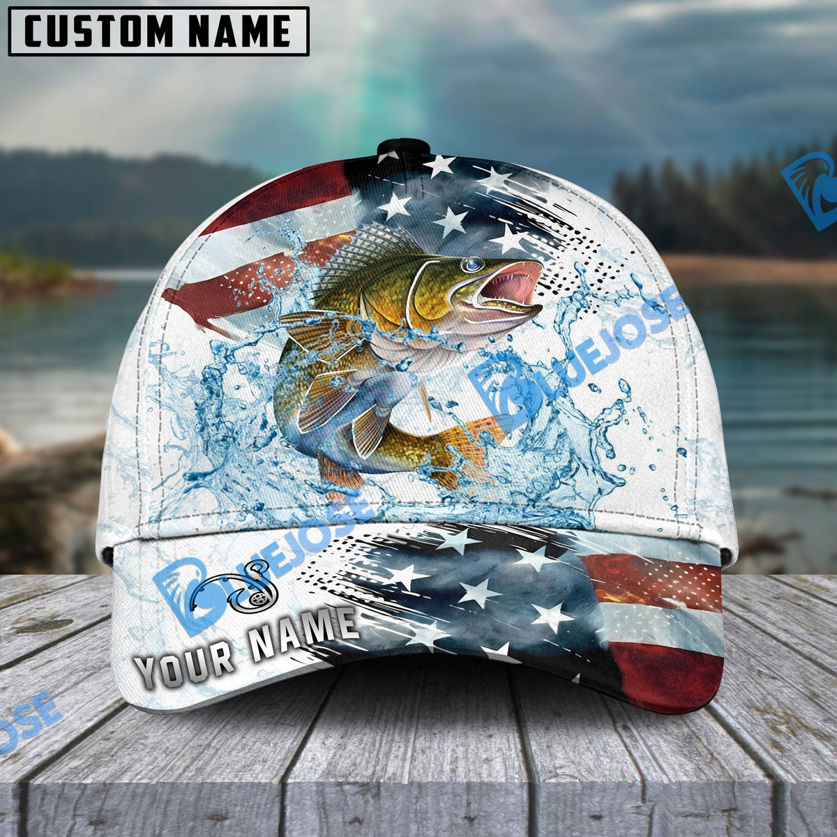 BlueJose Fishing Jump Action American Flag Water Splash Art Personalized Cap (12 Breeds)