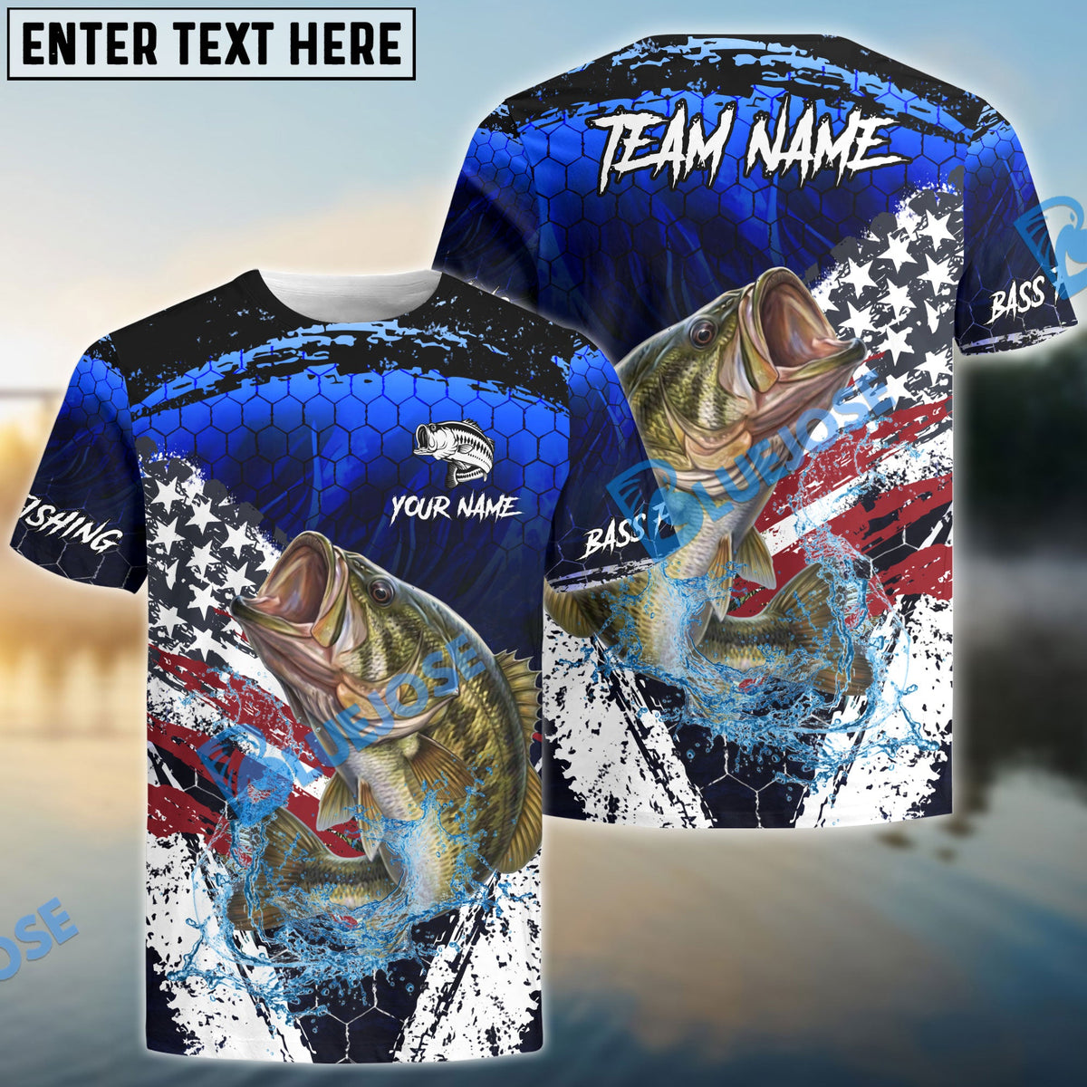 BlueJose Bass Fishing Dark Blue Scratch American Flag scratch Sport Custom Name & Team Name 3D Shirts