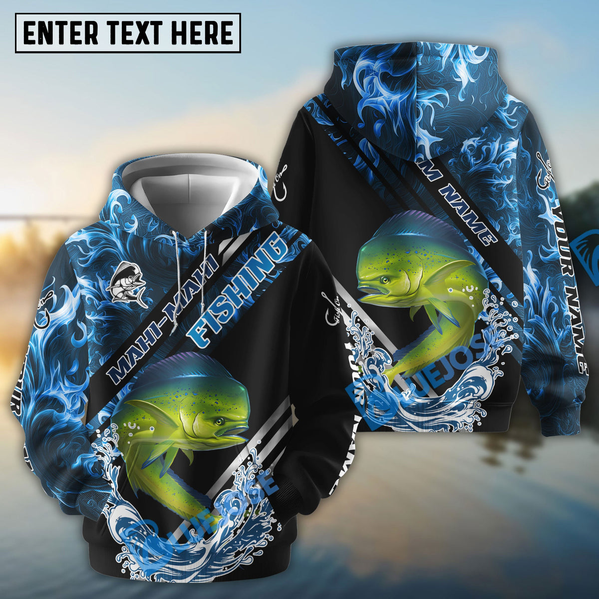BlueJose Mahi Mahi Fishing Blue Smoke Water Pattern Custom Name & Team Name 3D Shirts