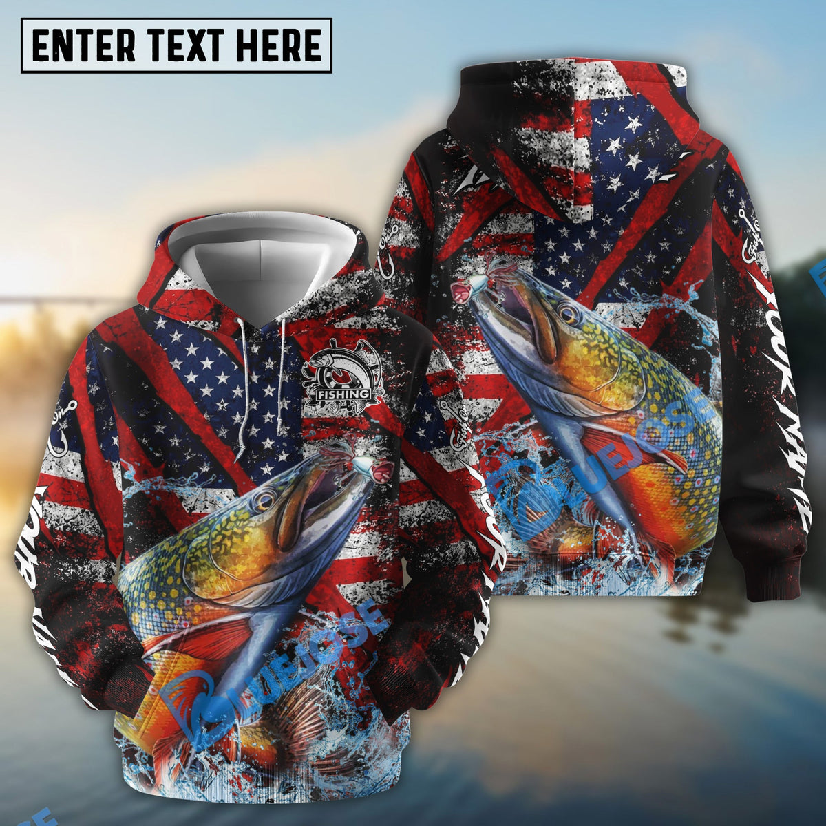 BlueJose Trout Fishing American Flag Grunge Red Scratch Custom Name & Team Name 3D Shirts