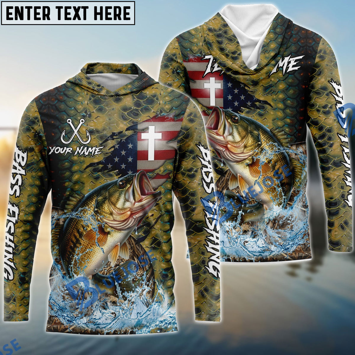 BlueJose Bass Fishing American Flag Camo Cross Skin Custom Name & Team Name 3D Shirts