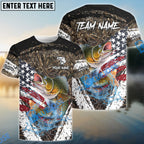 BlueJose Walleye Fishing American Flag Scratch Grass Camo Custom Name & Team Name 3D Shirts